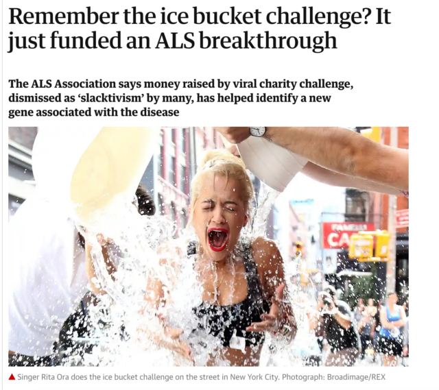 The ice bucket challenge, which spread around the world, helped fund a breakthrough in the treatment of Amyotrophic Lateral Sclerosis (ALS).