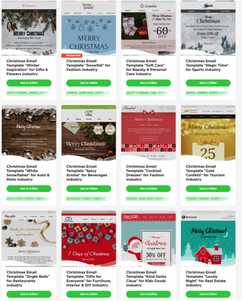 Shows examples of Stripo's Christmas email templates. 