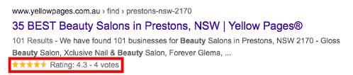 Screen shot of a listing of beauty salons with ratings.
