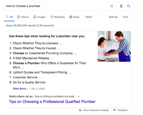 Screeshot of a featured snippet for the search phrase 'how to choose a plumber'.