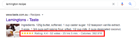 Screenshot of a snippet using the schema markup 'recipe' showing ratings and reviews.