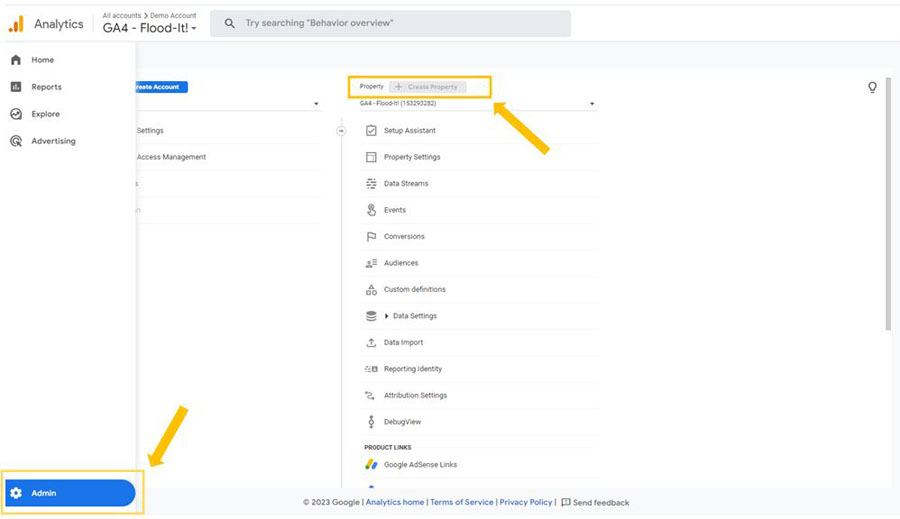 Image of Google Analytics showing how to create a 'Property'.