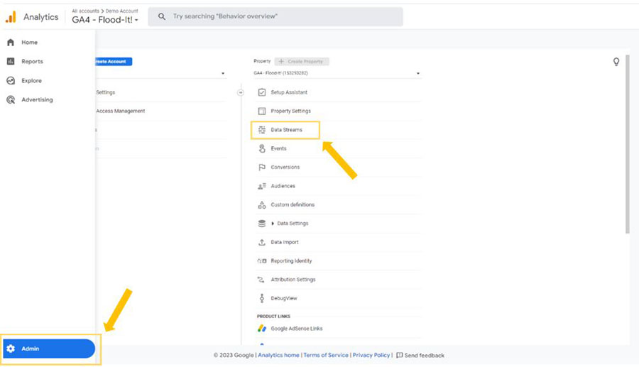 Image showing how to set up 'Data Streams' in Google Analytics 4. 