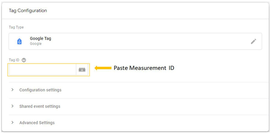 Image showing where to paste your measurement ID in Google Tag Manager.